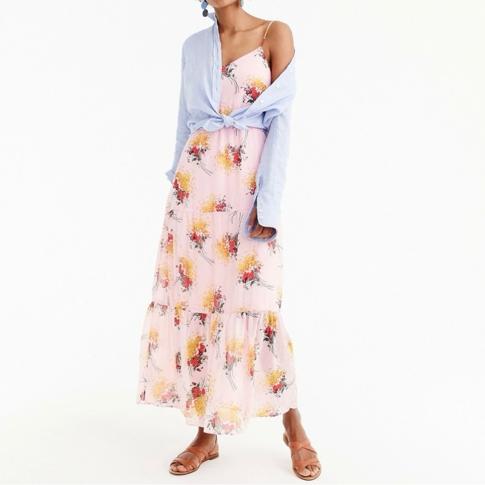J. Crew Mercantile Floral Tiered Maxi Dress Sunburst Bouquet Pink Yellow Size 8